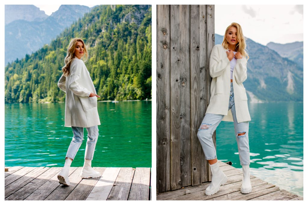 Kardigan na jesień - Długi kardigan damski w kolorze białym