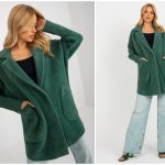 Zielony płaszcz alpaka z kieszeniami i kołnierzem