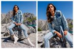 Modna stylizacja z jeansowym kombinezonem damskim z paskiem