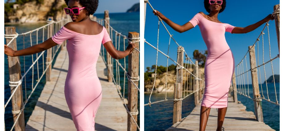 Pudroworóżowa dopasowana sukienka midi z krótkimi rękawami