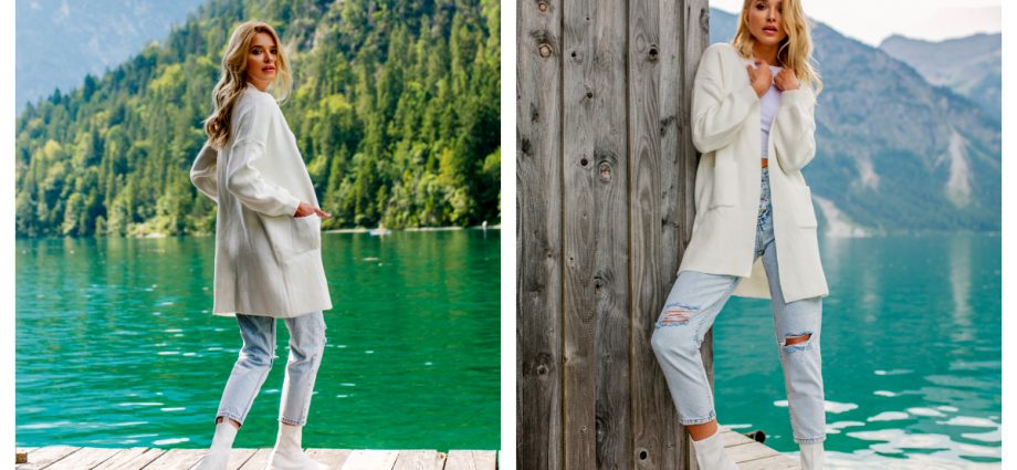 Kardigan na jesień - Długi kardigan damski w kolorze białym