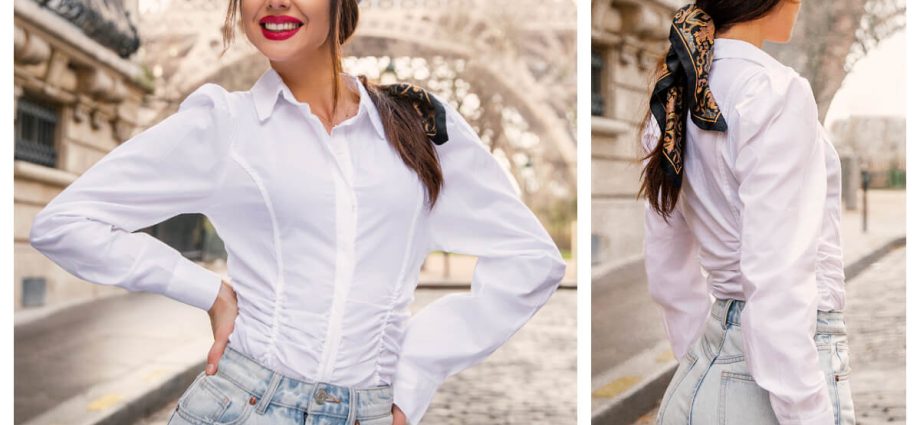 Biała bluzka wizytowa damska w stylizacji z jeansami