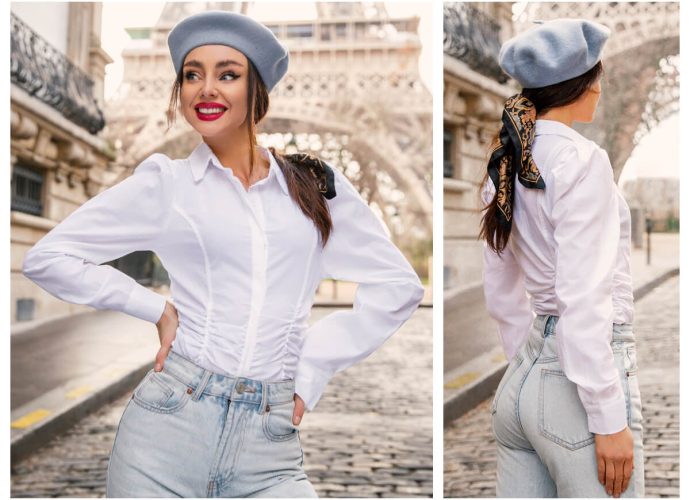 Biała bluzka wizytowa damska w stylizacji z jeansami