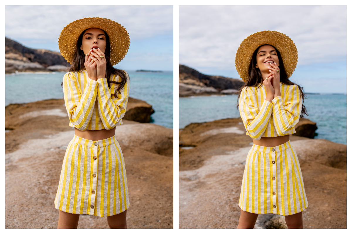 Stylizacja w intensywnym kolorze złożona z bluzki i spódnicy