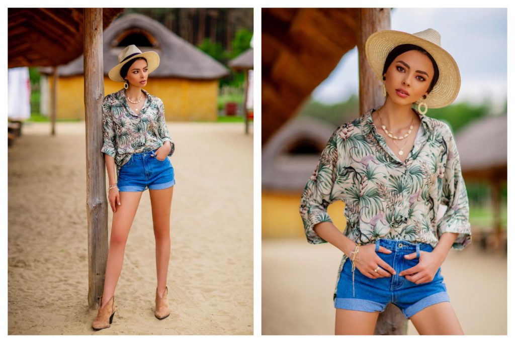 Dopasowane szoty jeansowe w letniej stylizacji z koszulą