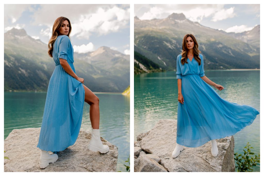 Sukienka maxi z gumką w pasie w kolorze niebieskim