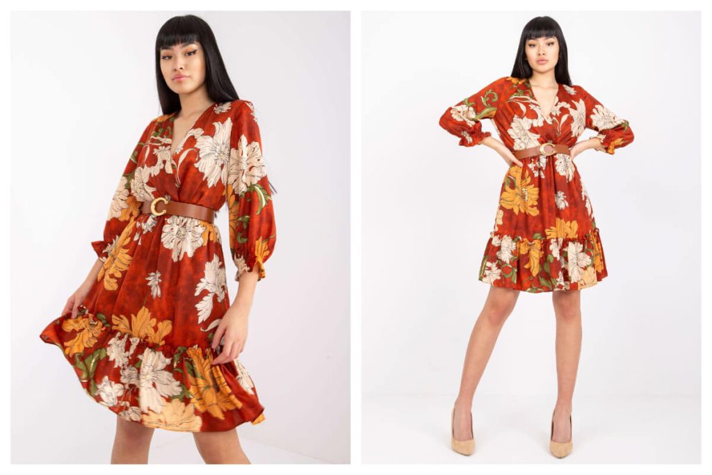 Sukienka w kwiaty hurt w kolorze jasnobrązowym