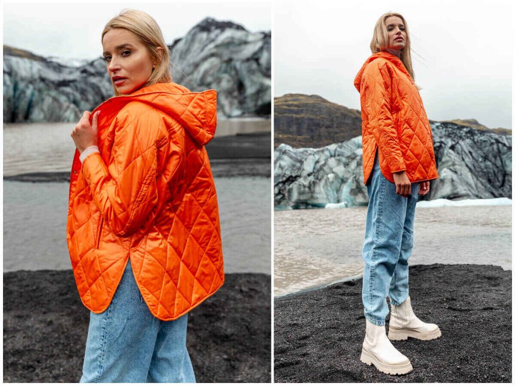 Wygodna kurtka przejściowa damska z kapturem i pikowaniem.