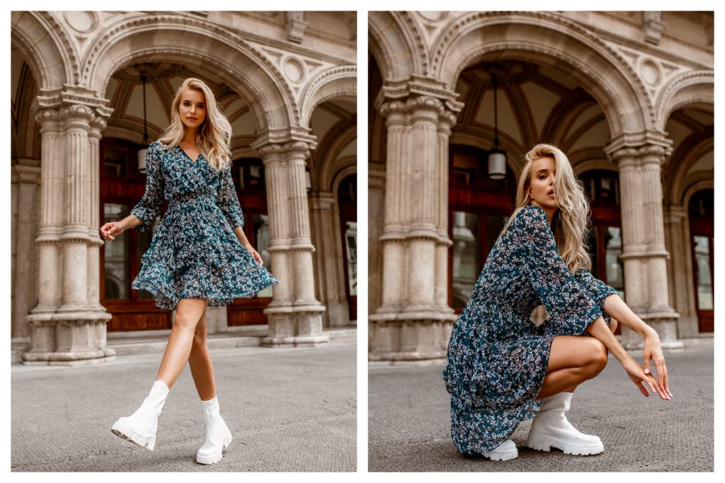 Jesienna stylizacja z sukienką mini o modnym nadruku