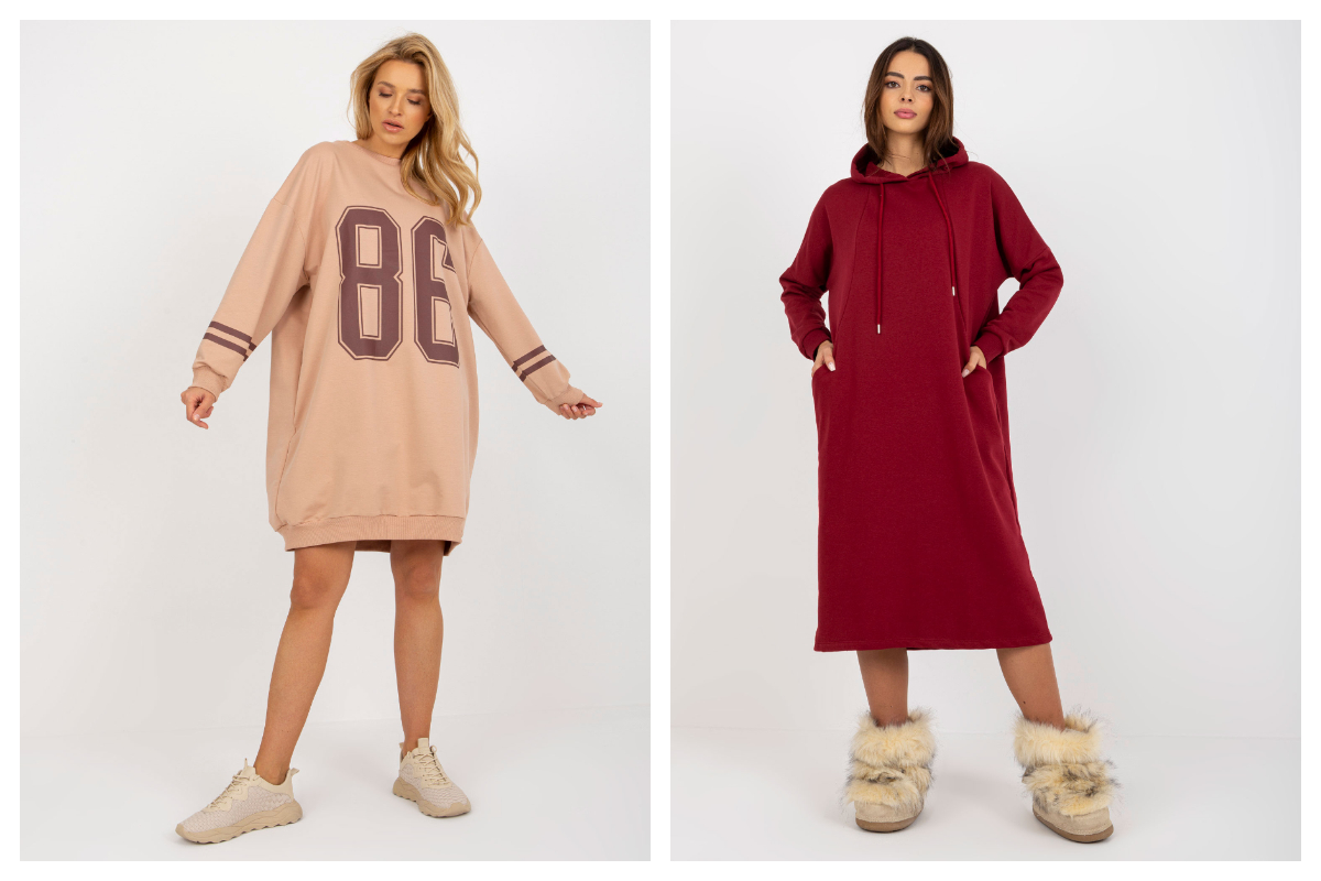 sportowe sukienki oversize z kapturem i napisami Krótkie i długie sportowe sukienki oversize bawełniane