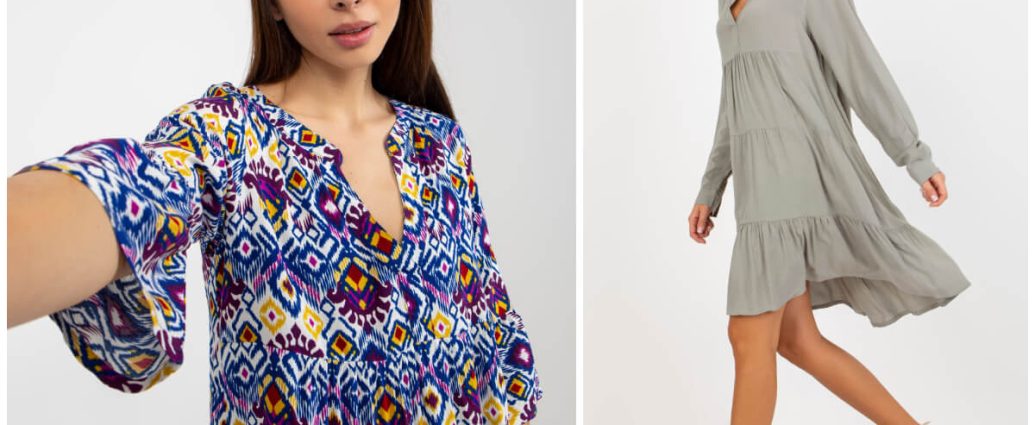 Sukienka oversize boho w stylizacjach ze wzorem i gładka.