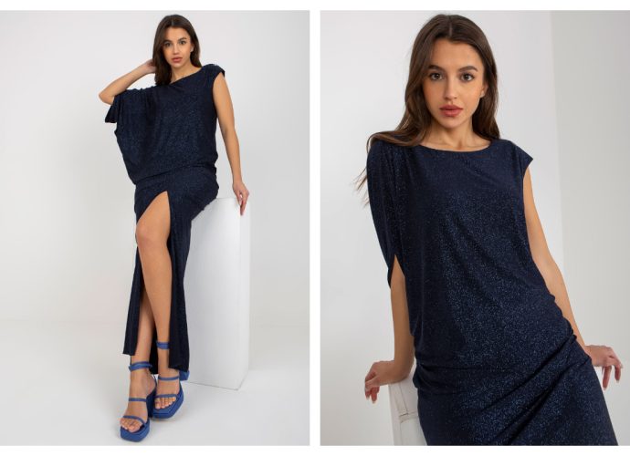 granatowe zimowe sukienki na wesele z brokatem