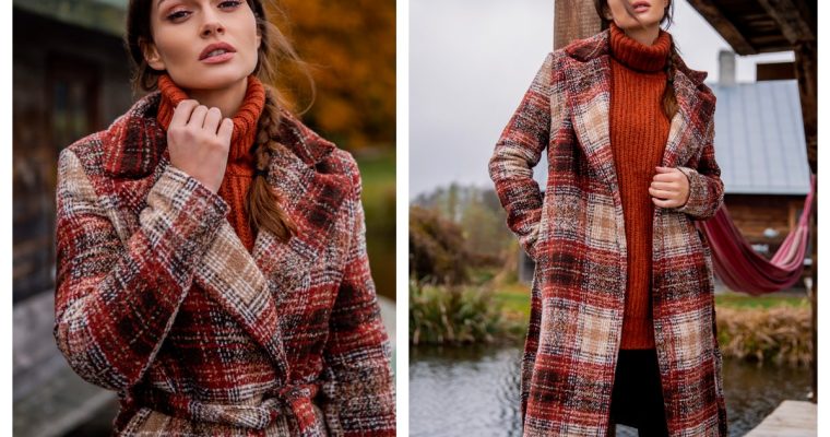 Długi płaszcz damski w kratę na jesień