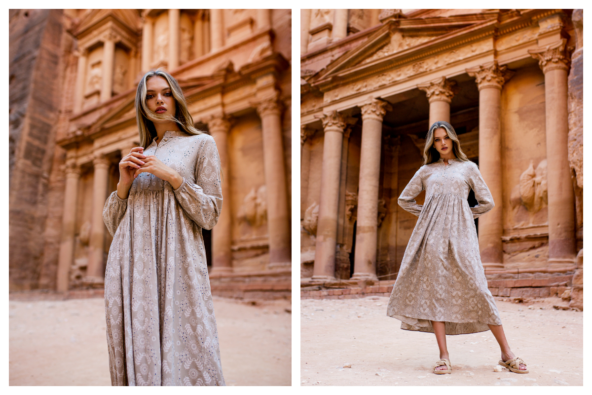 Ażurowa długa sukienka w kolorze beżowym z długimi rękawami