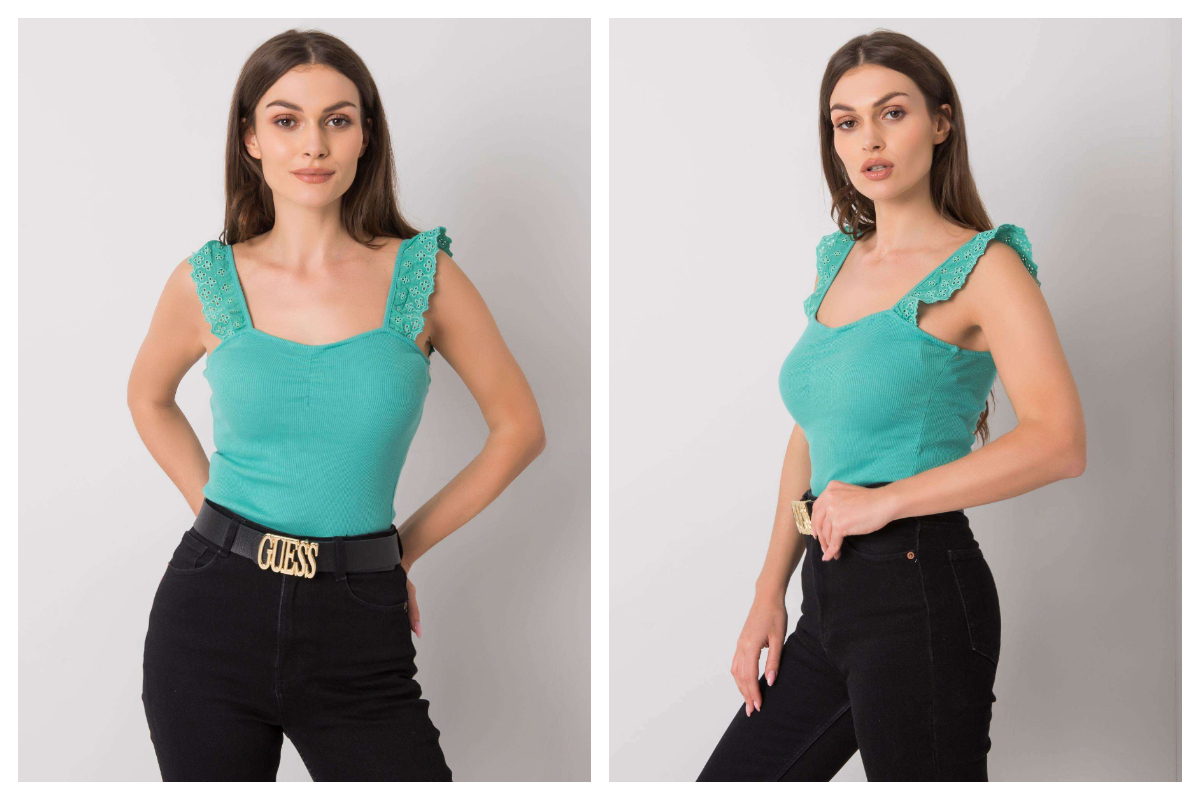 Turkusowy krótki top z koronką na ramionach