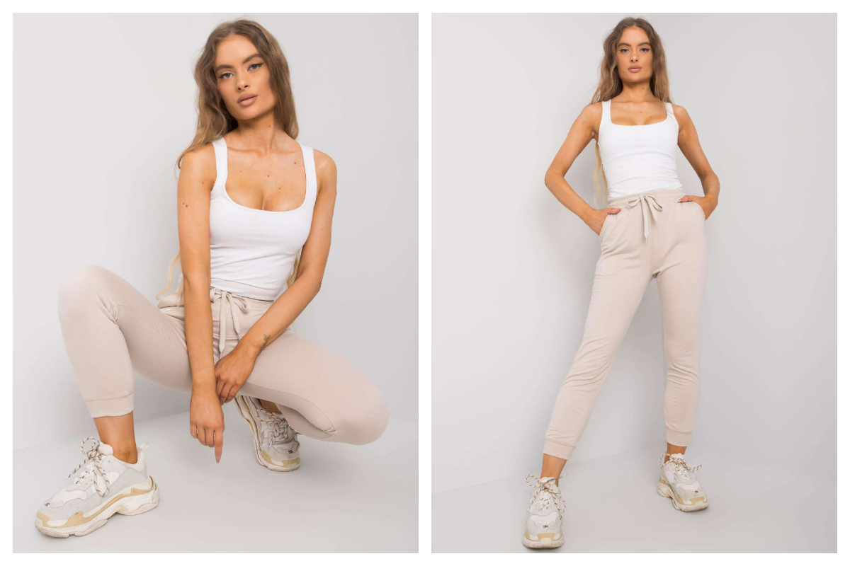 Stylizacje ice cream cone look z beżowymi spodniami i białym topem