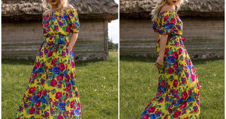 Letnie sukienki maxi w kwiaty z hiszpańskim dekoltem.