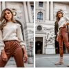 Jak nosić legginsy - Skórzane legginsy damskie w kolorze brązowym