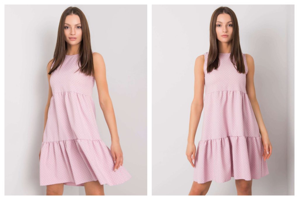 Pastelowa różowa sukienka w grochy