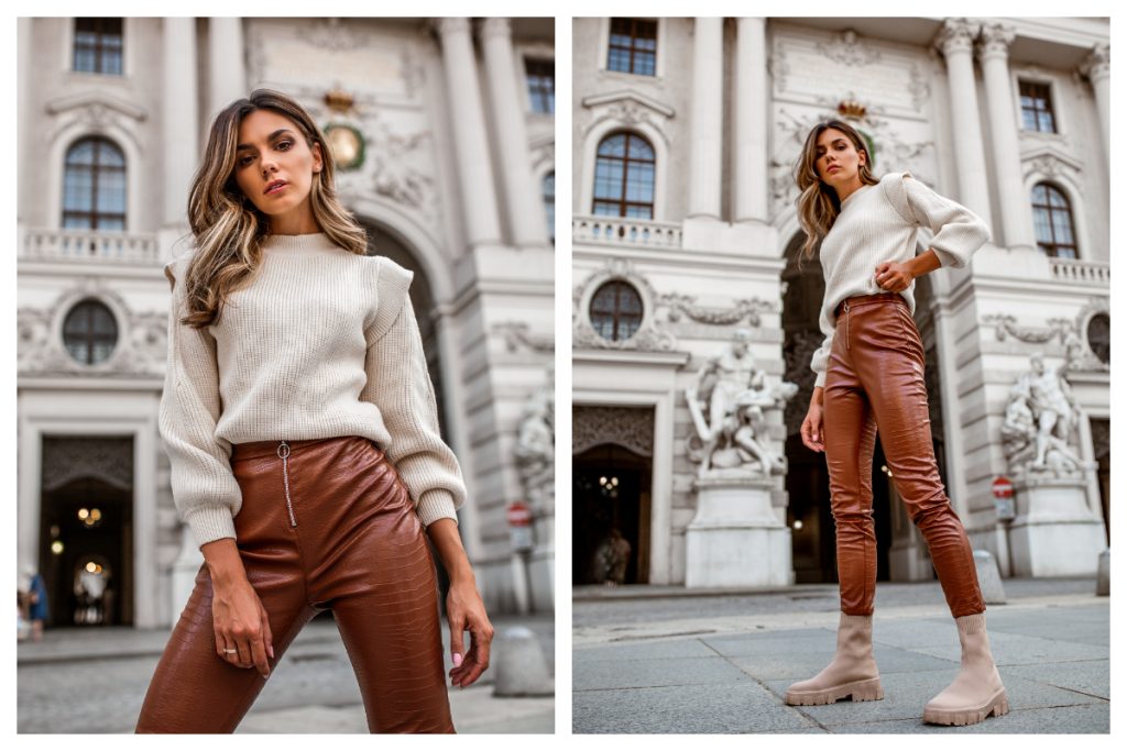 Jak nosić legginsy - Skórzane legginsy damskie w kolorze brązowym