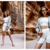 Jaki model marynarki - Marynarka damska w szarym kolorze z kieszeniami