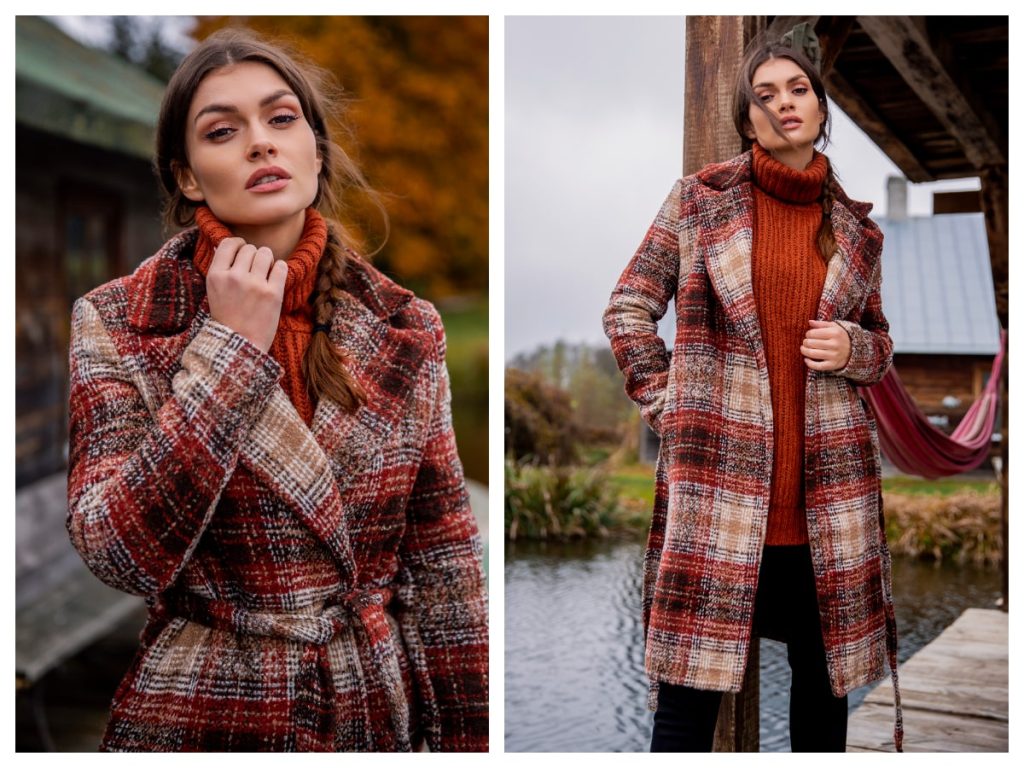 Długi płaszcz damski w kratę na jesień