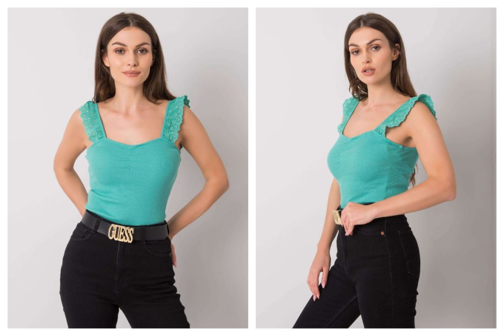 Turkusowy krótki top z koronką na ramionach