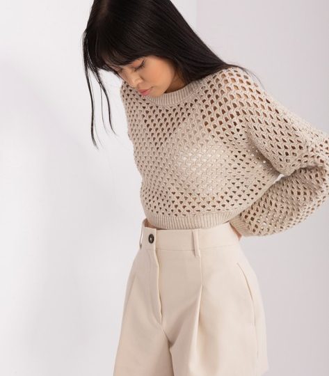 Janobeżowy krótki sweter letni o kroju oversize